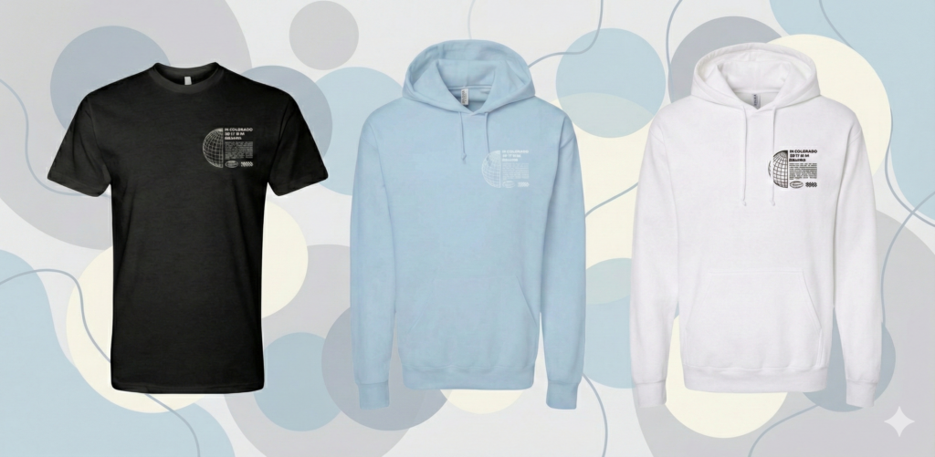 A display of three apparel items: a black t-shirt on the left, a light blue hoodie in the center, and a white hoodie on the right. Each item features a graphic design on the front against a soft, abstract background with circular shapes in pastel colors.