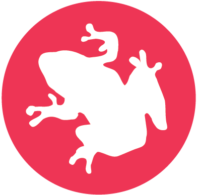 A simplified white silhouette of a frog against a solid red circular background. The frog's limbs are extended in a natural pose, emphasizing its shape and features.