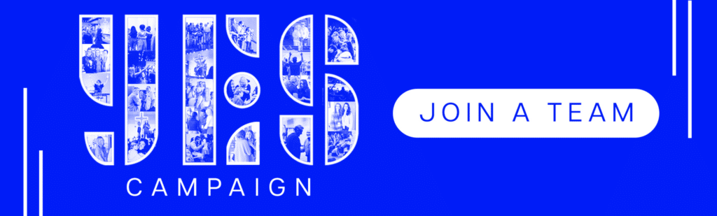 A blue banner featuring the text "YES CAMPAIGN" in large letters, filled with small images. The phrase "JOIN A TEAM" is presented in a white rounded rectangle on the right, suggesting a call to action.