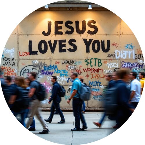 A group of pedestrians walking past a wall covered in colorful graffiti, with the phrase "JESUS LOVES YOU" prominently displayed in large black letters. The scene captures a diverse crowd in an urban setting.