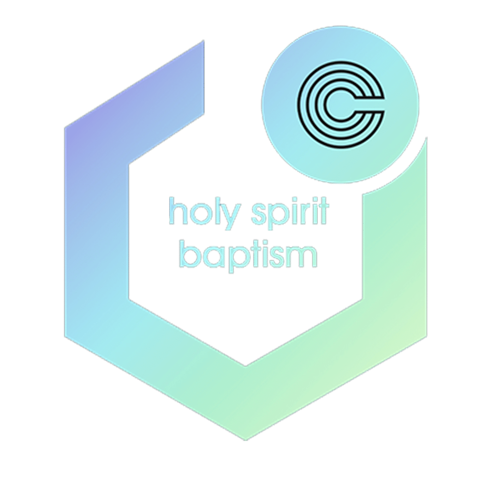 A stylized logo featuring a hexagonal shape with a gradient from blue to green. At the top right is a circular icon with concentric lines. Below the shape, the text reads "holy spirit baptism" in a modern font.