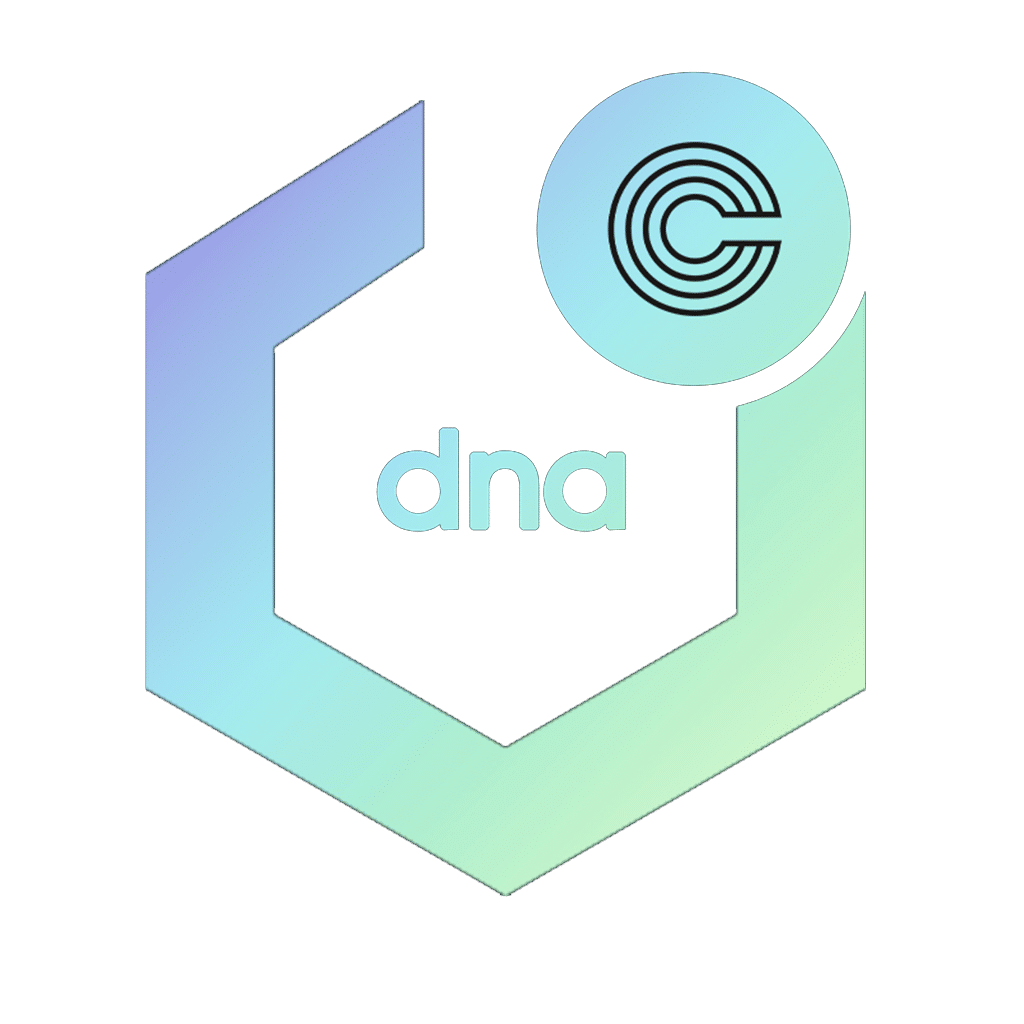 A stylized logo featuring a hexagonal shape in gradient colors with the word "dna" in lowercase letters at the center. A circular element with lines creating a spiral design is positioned on the top right of the hexagon, representing a modern and scientific theme.