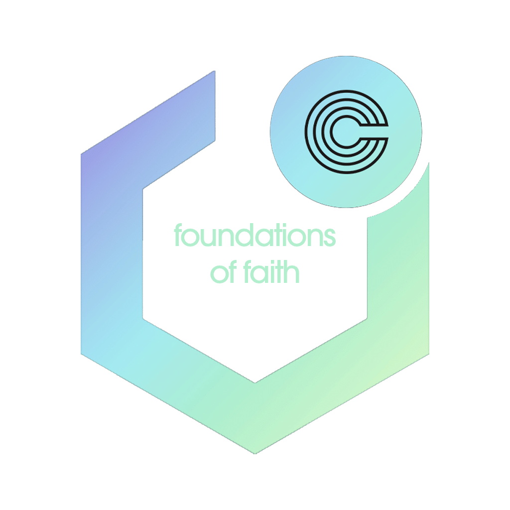 A logo consisting of a stylized chevron shape in gradient shades of blue and green, with a circular emblem containing a letter 'C.' Below the icon, the text "foundations of faith" is displayed in a modern sans-serif font.