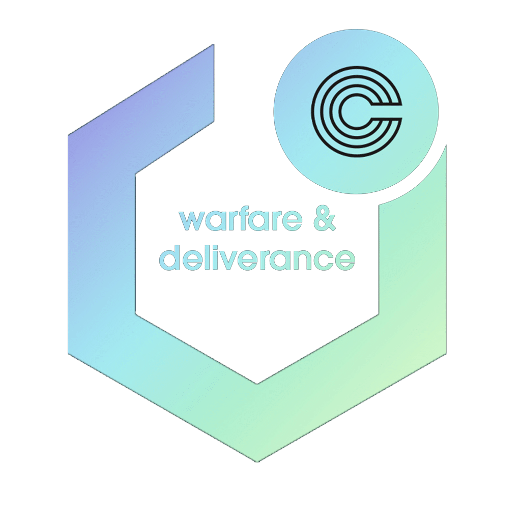 A logo featuring a stylized hexagonal shape with a gradient of blue and green shades. Inside it, the text "warfare & deliverance" is centered below a circular symbol that includes a concentric design.