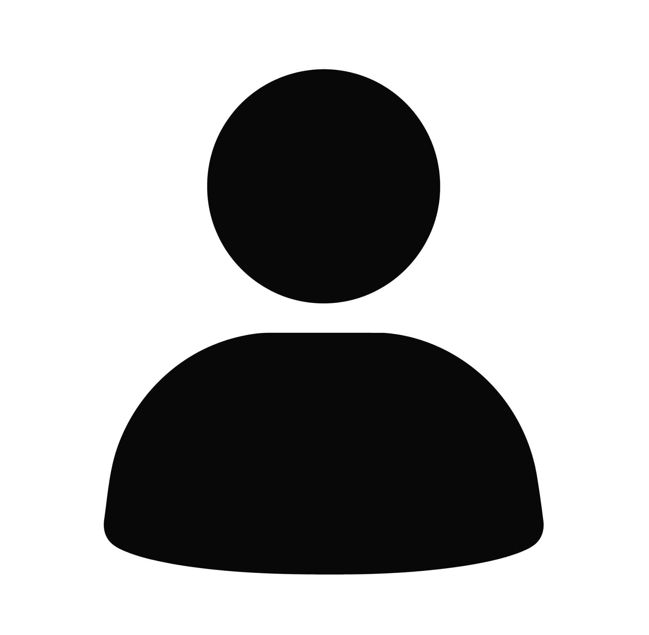 A simple black silhouette of a person with a circular head and a rounded body shape, placed on a white background.