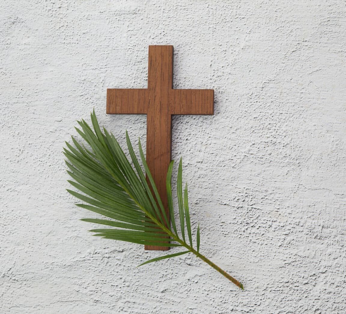 A wooden cross placed against a textured white background, accompanied by a green palm frond positioned adjacent to it. The image emphasizes the natural grain of the wood and the vibrant green of the palm leaves.